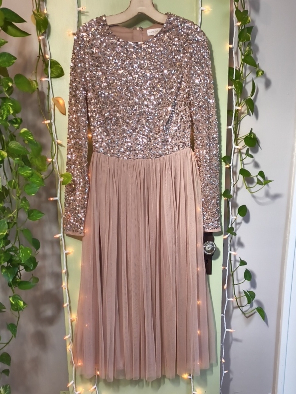 Women's Maya Deluxe Sheer Sequin Long Sleeve Nude Tulle Skirt Dress 6 Tall